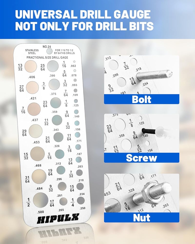 HIPULX Drill Bit Gauge - 29 Hole Precision Measuring Tool for Drill Bits, Bolts | 1/16"-1/2" Range | Etched Surface Measurement Drill Gauge | Stainless Steel - Image 3